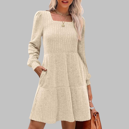 ULANâ„¢ - Casual Square Neck Long Sleeve Midi Dress