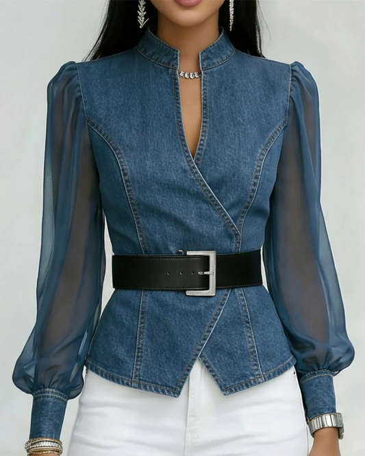 Vessaâ„¢ | Denim Top With Chiffon Sleeves