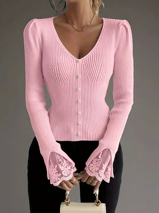 Natalie – Refined Lace-Sleeve Knit Top