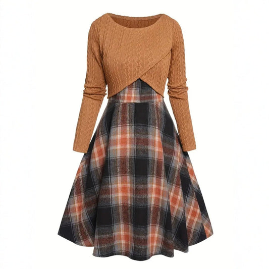 JORYâ„¢ - Vintage Round Neck Long Sleeve Crop Top and Plaid Dress