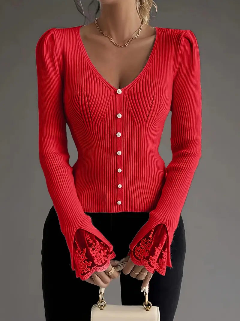 Natalie – Refined Lace-Sleeve Knit Top