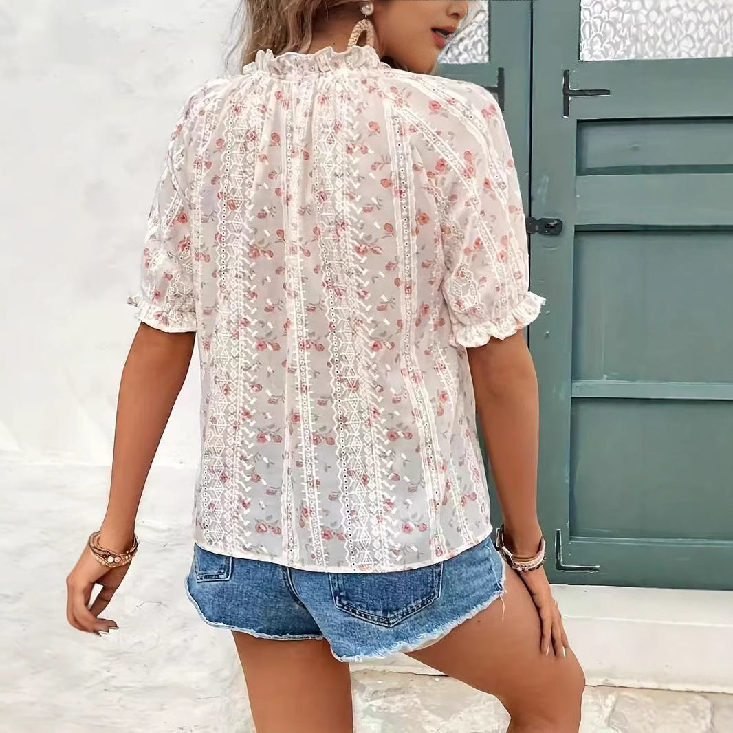 SOPHINI™ – Casual Floral Short-Sleeved Lining Blouse