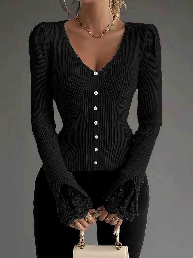 Natalie – Refined Lace-Sleeve Knit Top