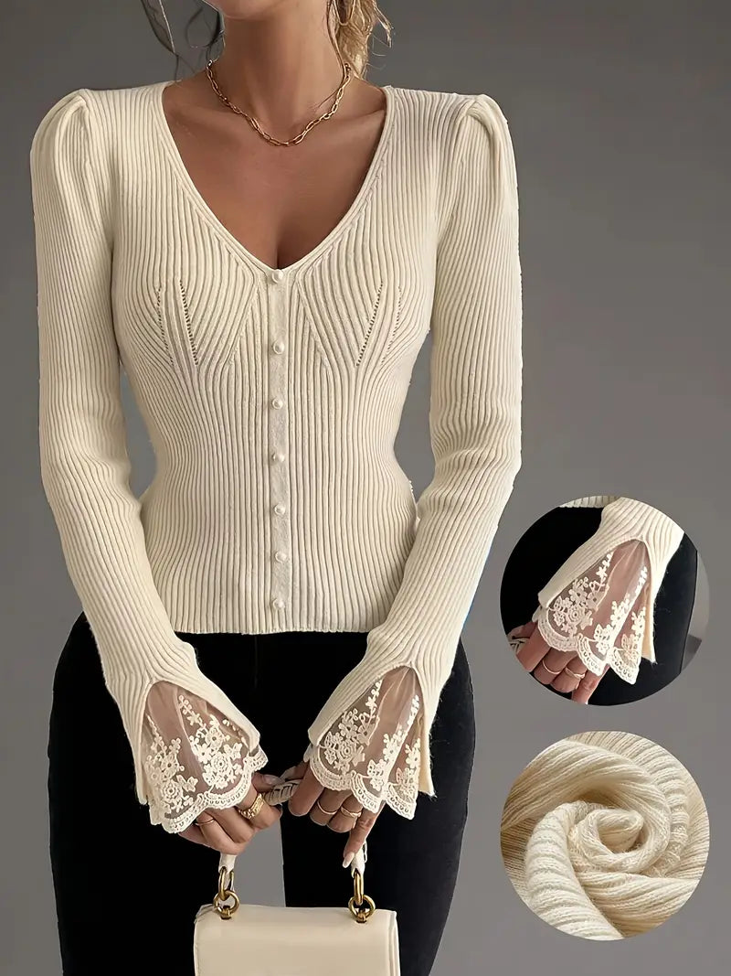 Natalie – Refined Lace-Sleeve Knit Top