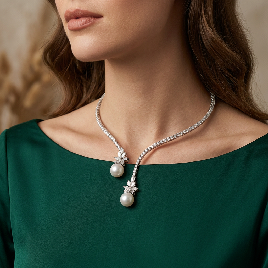 Elegant shiny necklace with pearls made of sterling silver